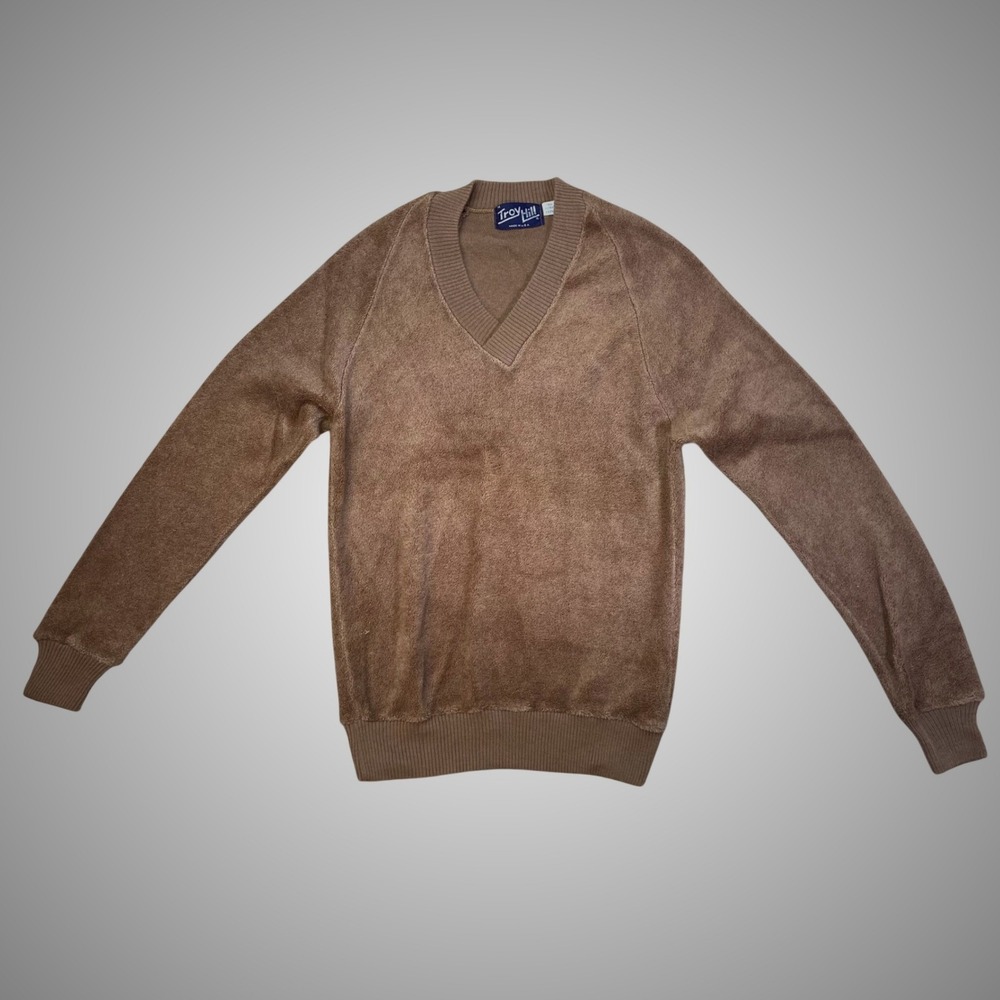 Vintage Troy Hill Mens V Neck Pullover Sweater Brown Zefran Acrylic Made USA M